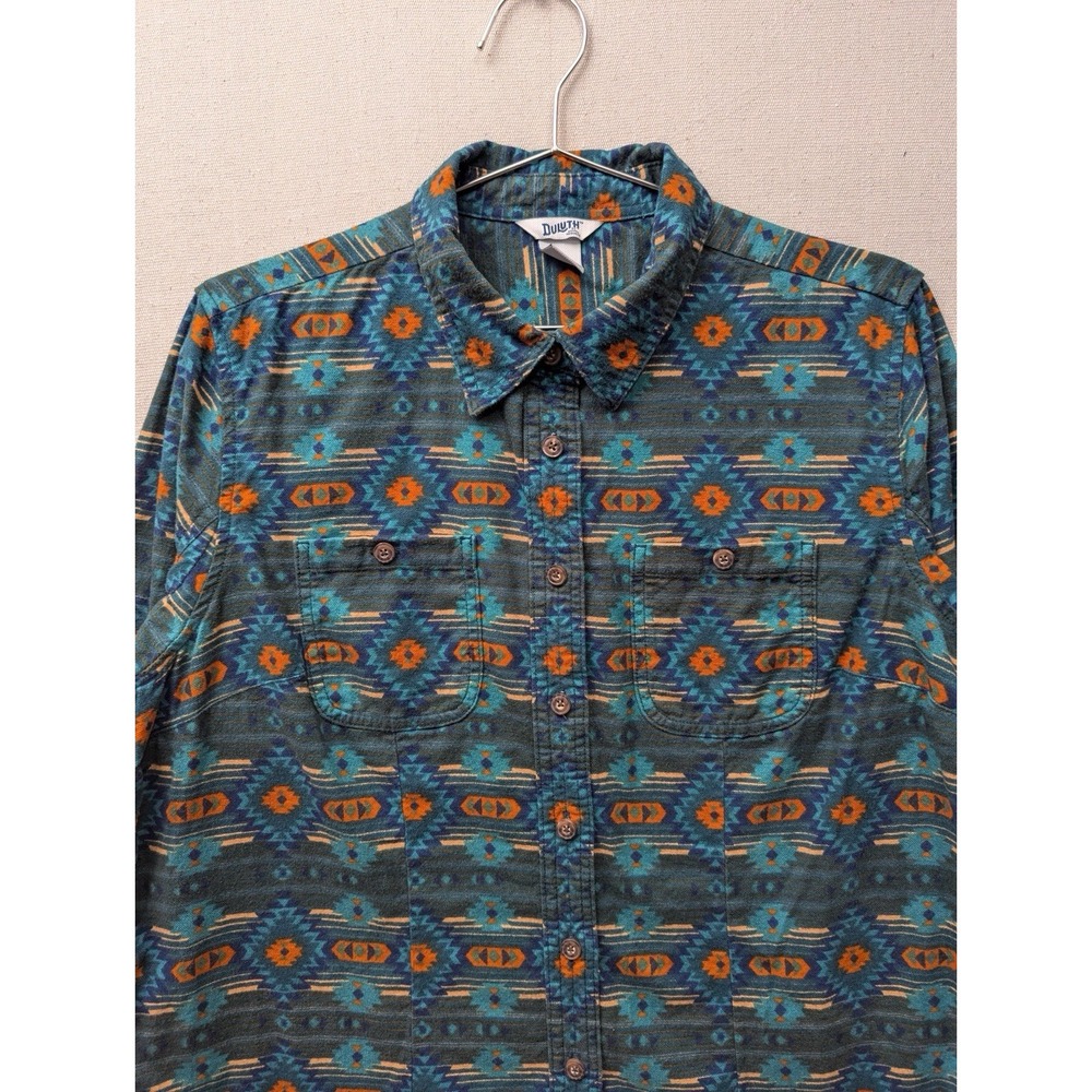 Duluth Trading Co Flannel Shirt Womens Large Teal Southwestern Aztec 3237-30 - Picture 4 of 14